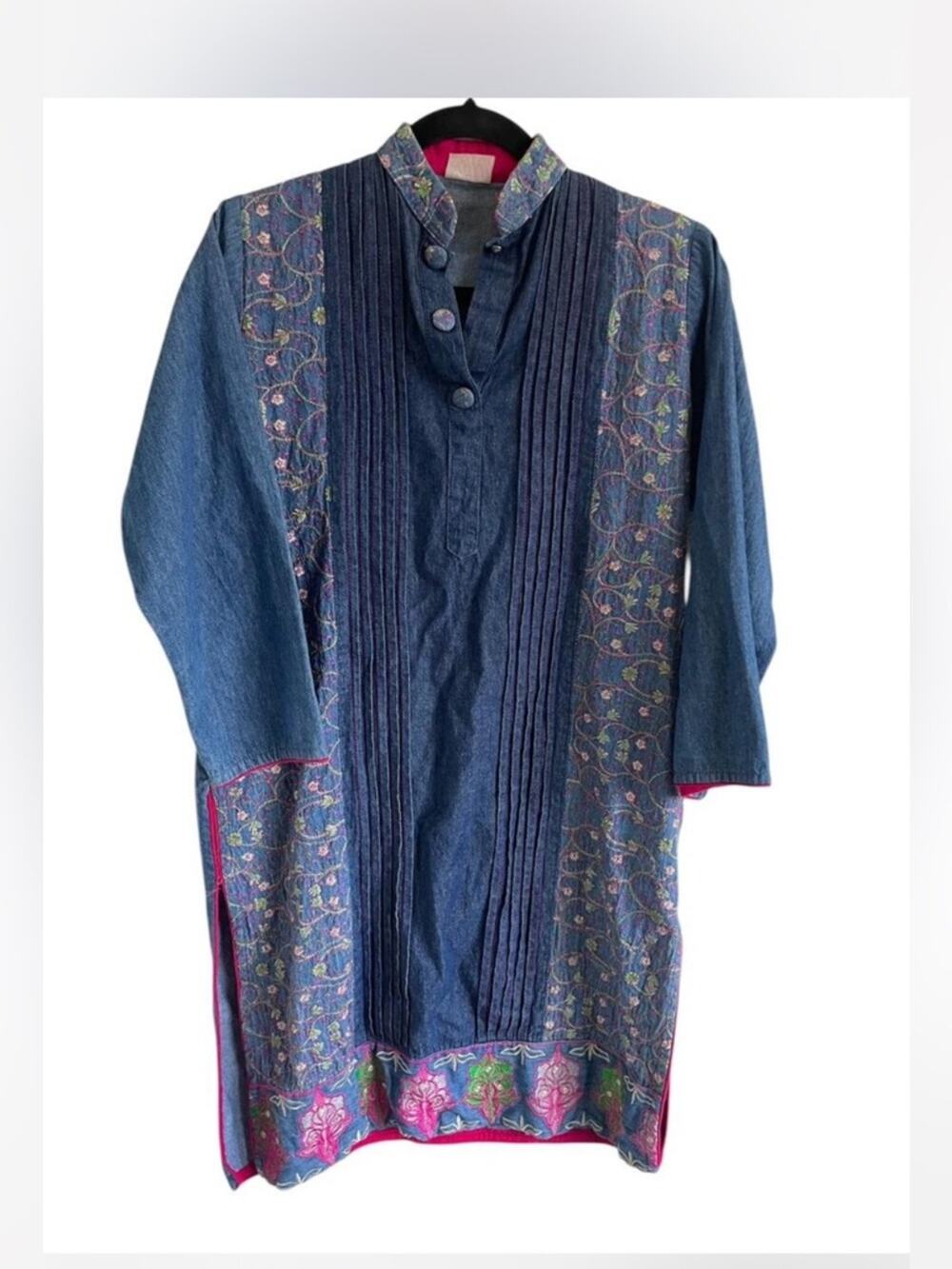 Vintage Blue denim Kurti Kimono Style dress with floral embroidery and pleats